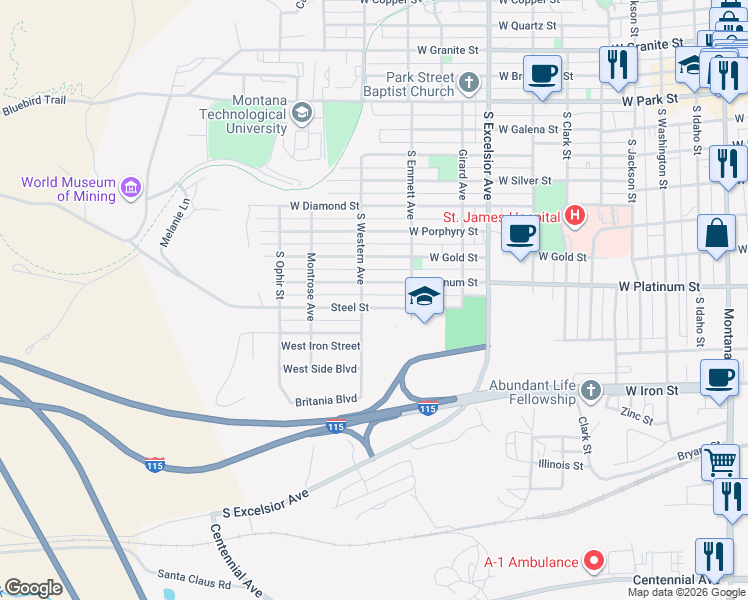 map of restaurants, bars, coffee shops, grocery stores, and more near 1139 Steel Street in Butte