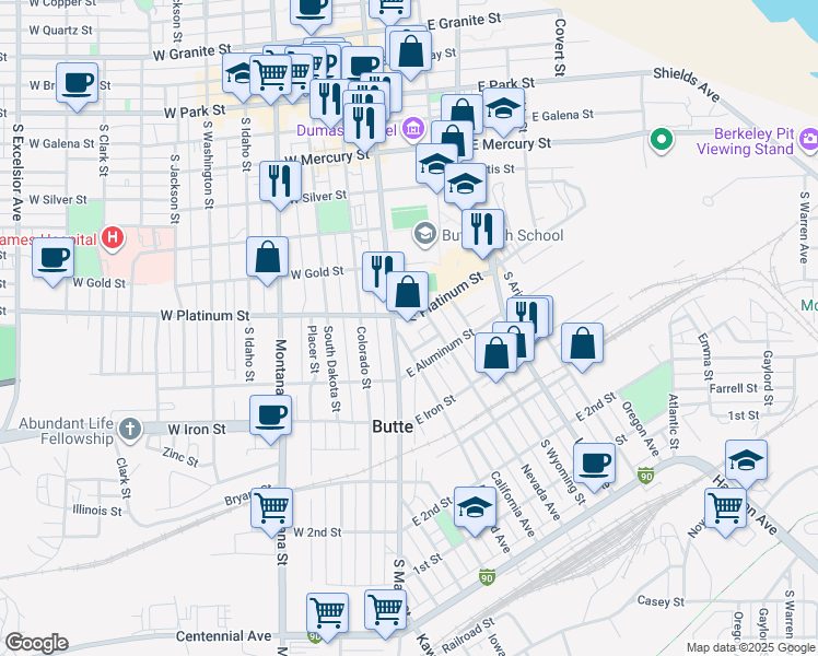map of restaurants, bars, coffee shops, grocery stores, and more near 600 South Main Street in Butte