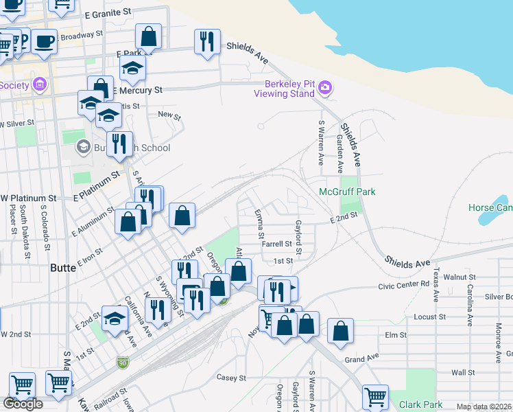 map of restaurants, bars, coffee shops, grocery stores, and more near 832 Emma Street in Butte