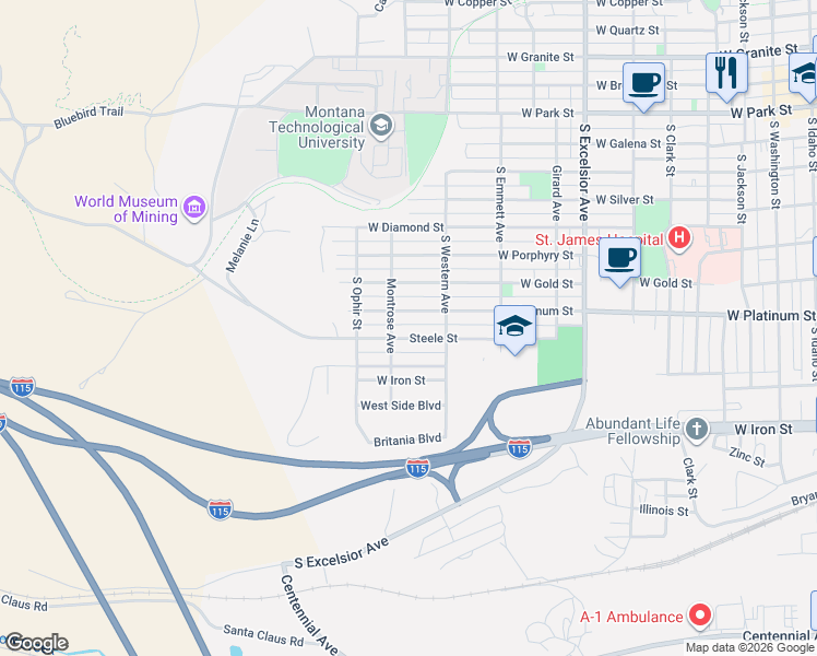 map of restaurants, bars, coffee shops, grocery stores, and more near 1251 Steel Street in Butte