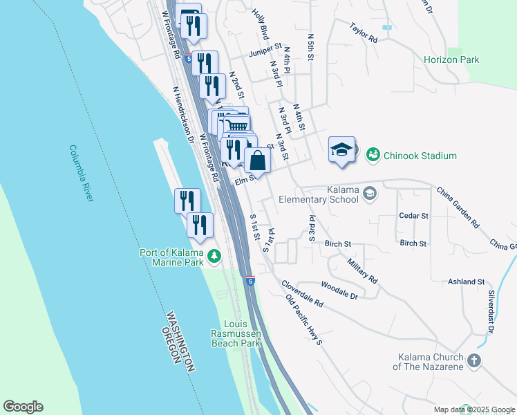 map of restaurants, bars, coffee shops, grocery stores, and more near 219 North 1st Street in Kalama
