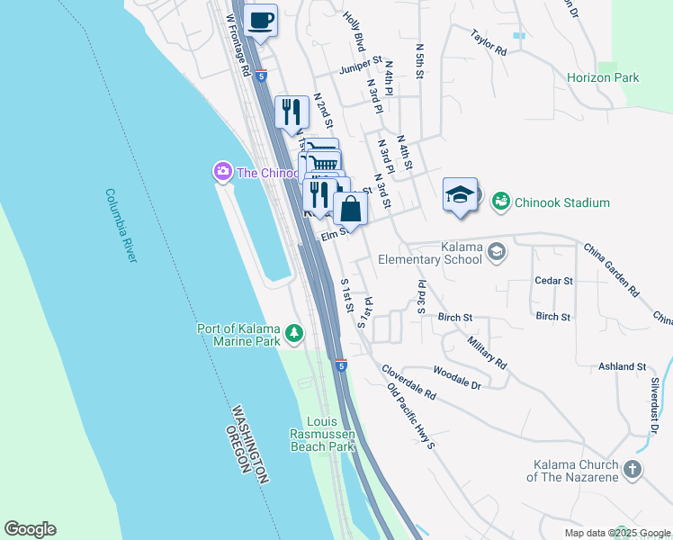 map of restaurants, bars, coffee shops, grocery stores, and more near 219 North 1st Street in Kalama