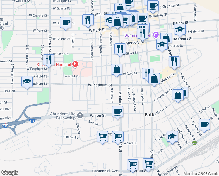 map of restaurants, bars, coffee shops, grocery stores, and more near 611 South Idaho Street in Butte
