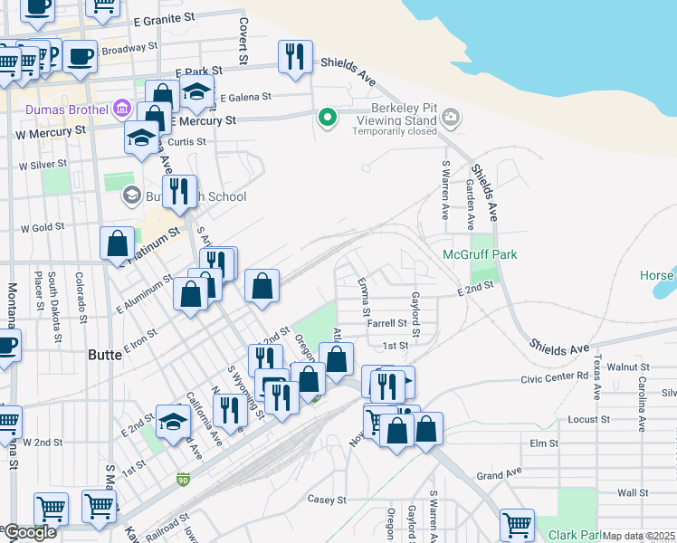 map of restaurants, bars, coffee shops, grocery stores, and more near 991-999 Atlantic St in Butte
