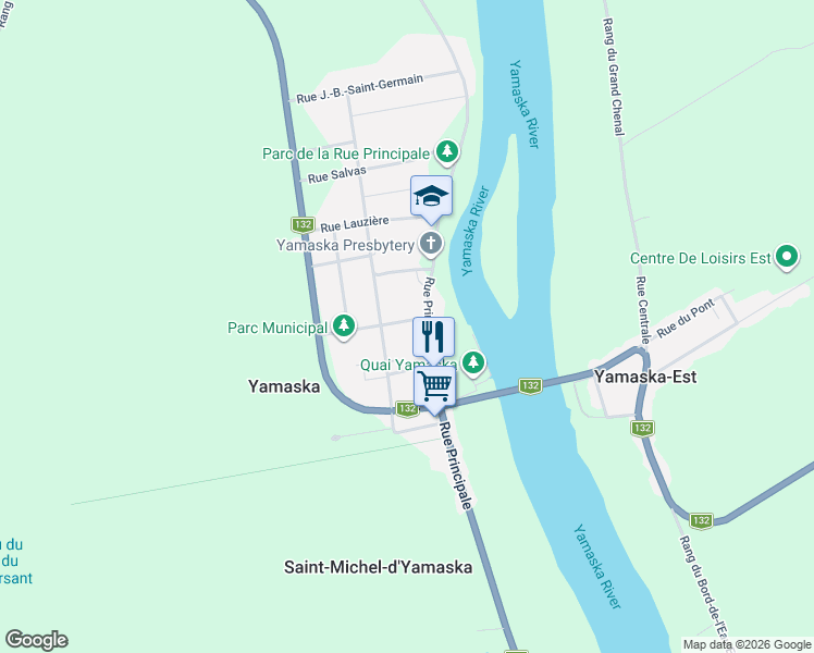 map of restaurants, bars, coffee shops, grocery stores, and more near 13 Rue Cardin in Yamaska