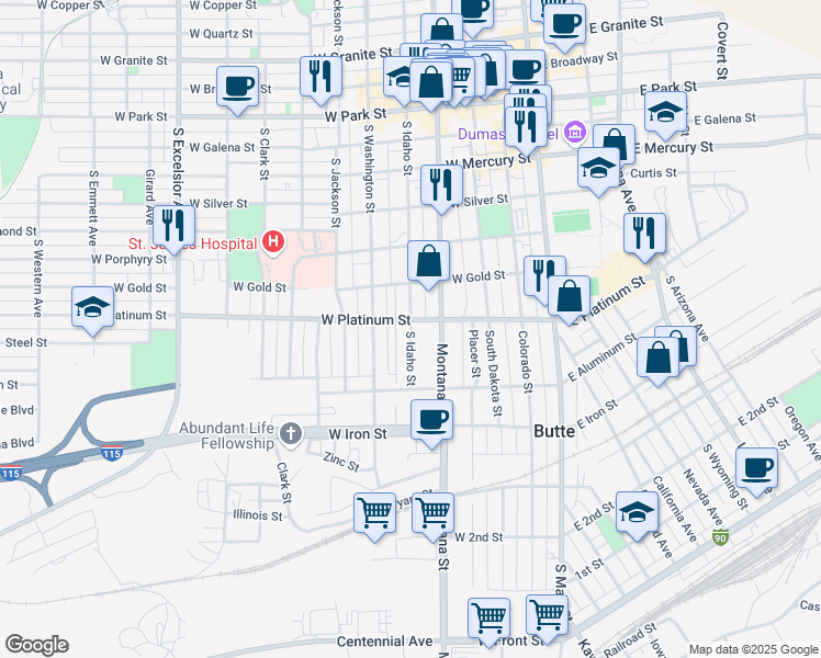 map of restaurants, bars, coffee shops, grocery stores, and more near 611 South Idaho Street in Butte