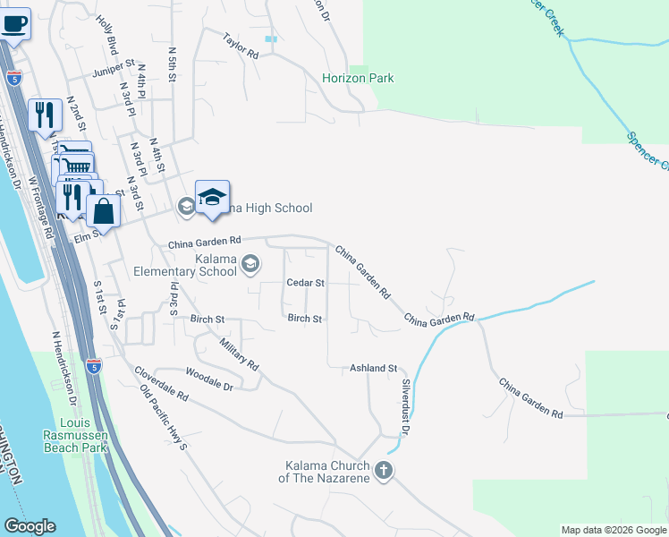 map of restaurants, bars, coffee shops, grocery stores, and more near 259 South 11th Street in Kalama