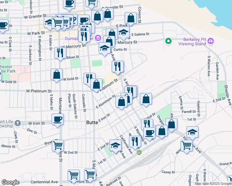 map of restaurants, bars, coffee shops, grocery stores, and more near 644 South Wyoming Street in Butte