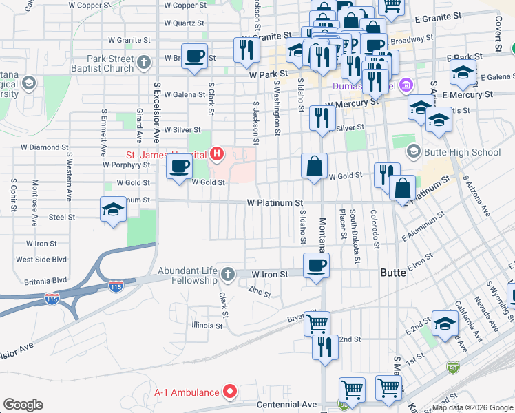 map of restaurants, bars, coffee shops, grocery stores, and more near 603 South Jackson Street in Butte