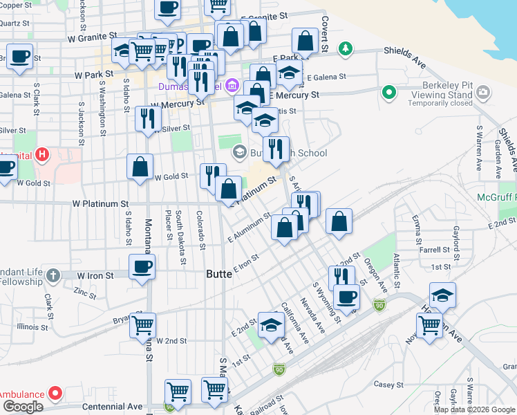 map of restaurants, bars, coffee shops, grocery stores, and more near 627 South Wyoming Street in Butte