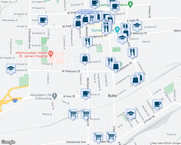 map of restaurants, bars, coffee shops, grocery stores, and more near 140 East Platinum Street in Butte