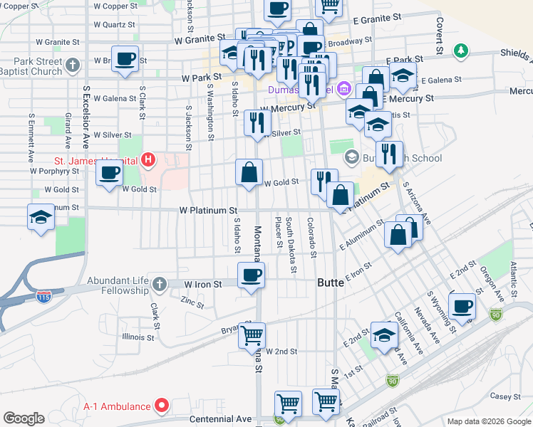 map of restaurants, bars, coffee shops, grocery stores, and more near 140 West Platinum Street in Butte