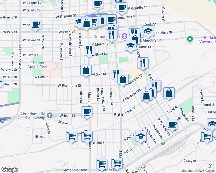 map of restaurants, bars, coffee shops, grocery stores, and more near 617 Colorado Street in Butte