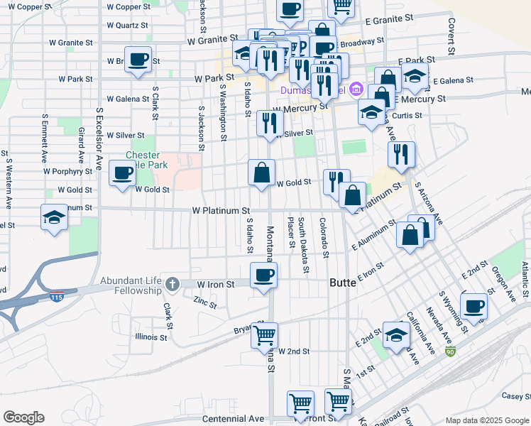 map of restaurants, bars, coffee shops, grocery stores, and more near 601 South Montana Street in Butte