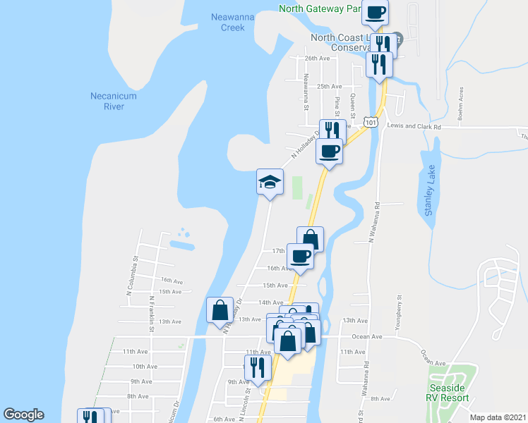 map of restaurants, bars, coffee shops, grocery stores, and more near 1901 North Holladay Drive in Seaside