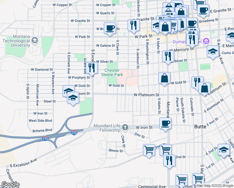 map of restaurants, bars, coffee shops, grocery stores, and more near 599 South Clark Street in Butte