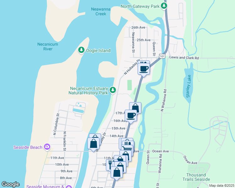 map of restaurants, bars, coffee shops, grocery stores, and more near 1901 North Holladay Drive in Seaside