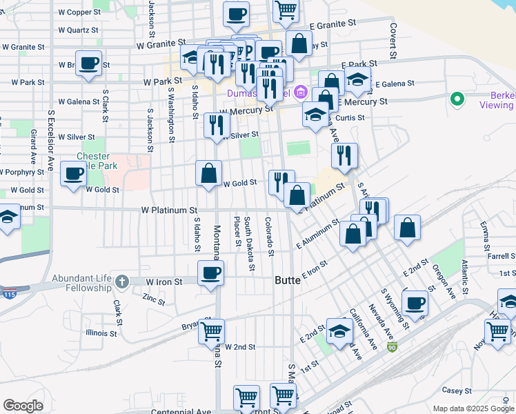 map of restaurants, bars, coffee shops, grocery stores, and more near 617 Colorado Street in Butte