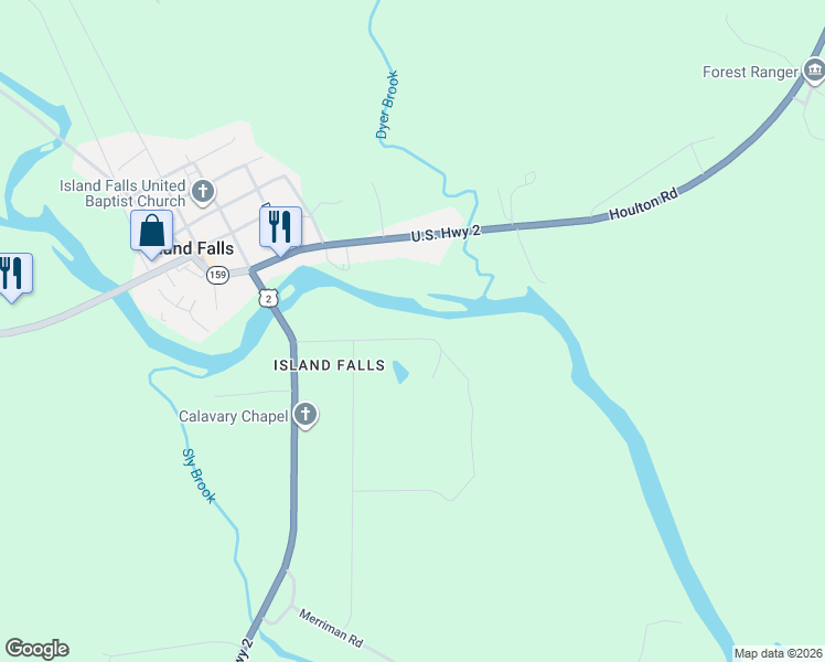 map of restaurants, bars, coffee shops, grocery stores, and more near 45 Harding Street in Island Falls