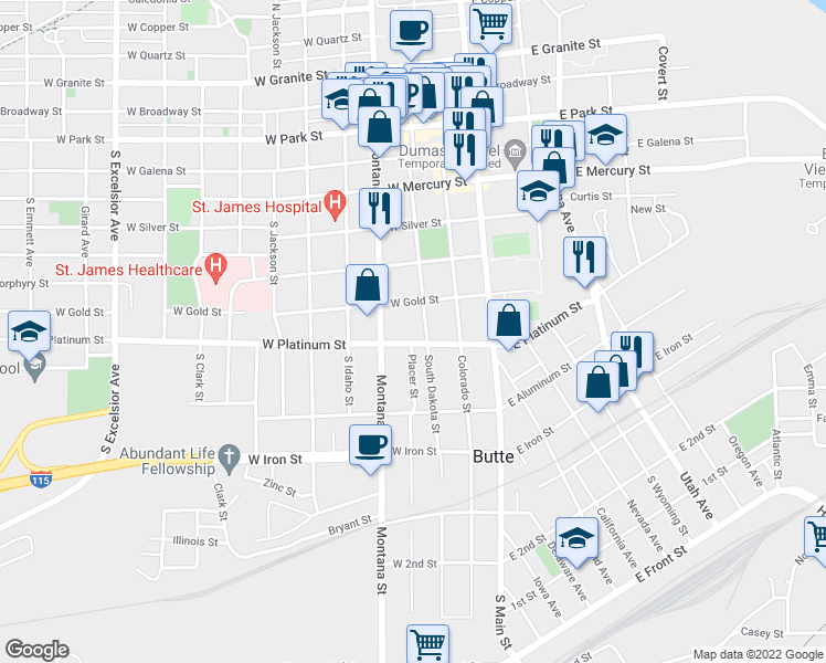 map of restaurants, bars, coffee shops, grocery stores, and more near 611 South Dakota Street in Butte