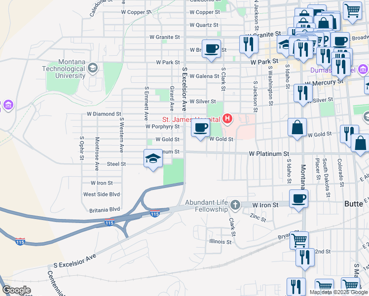 map of restaurants, bars, coffee shops, grocery stores, and more near South Excelsior Avenue in Butte