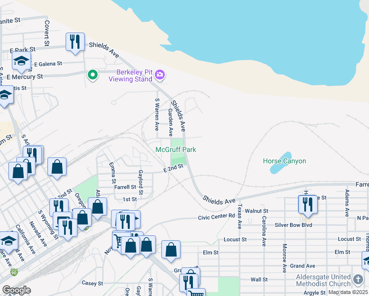 map of restaurants, bars, coffee shops, grocery stores, and more near Shields Avenue in Butte