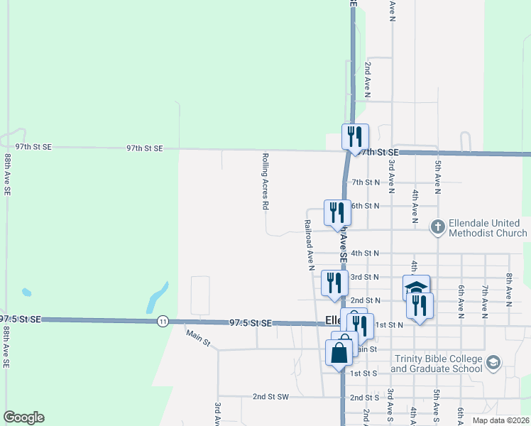 map of restaurants, bars, coffee shops, grocery stores, and more near 621 Rolling Acres Road in Ellendale