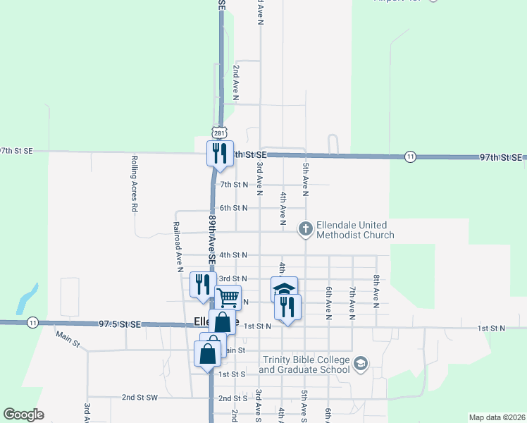 map of restaurants, bars, coffee shops, grocery stores, and more near 601-699 3rd Ave N in Ellendale