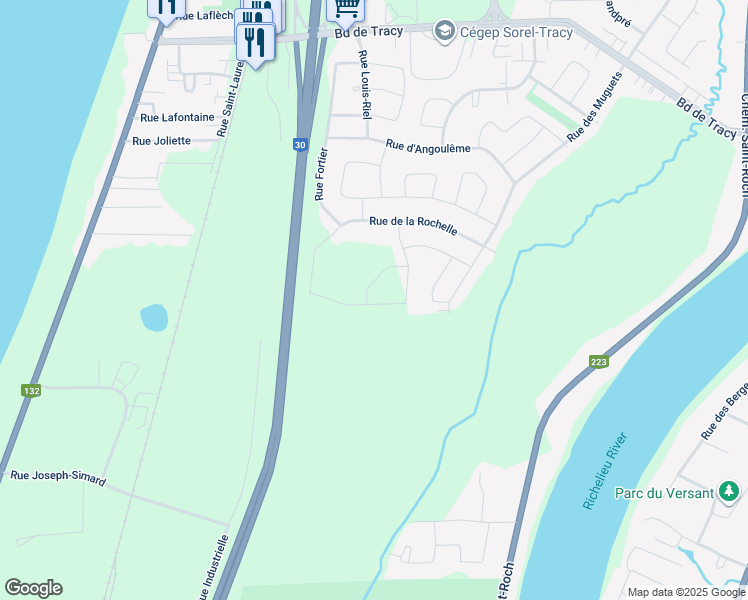 map of restaurants, bars, coffee shops, grocery stores, and more near 6027 Rue de la Rochelle in Sorel-Tracy
