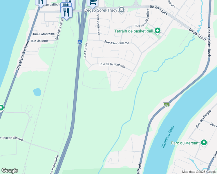 map of restaurants, bars, coffee shops, grocery stores, and more near 8757 Rue de Touraine in Sorel-Tracy