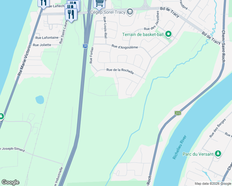 map of restaurants, bars, coffee shops, grocery stores, and more near 8757 Rue de Touraine in Sorel-Tracy