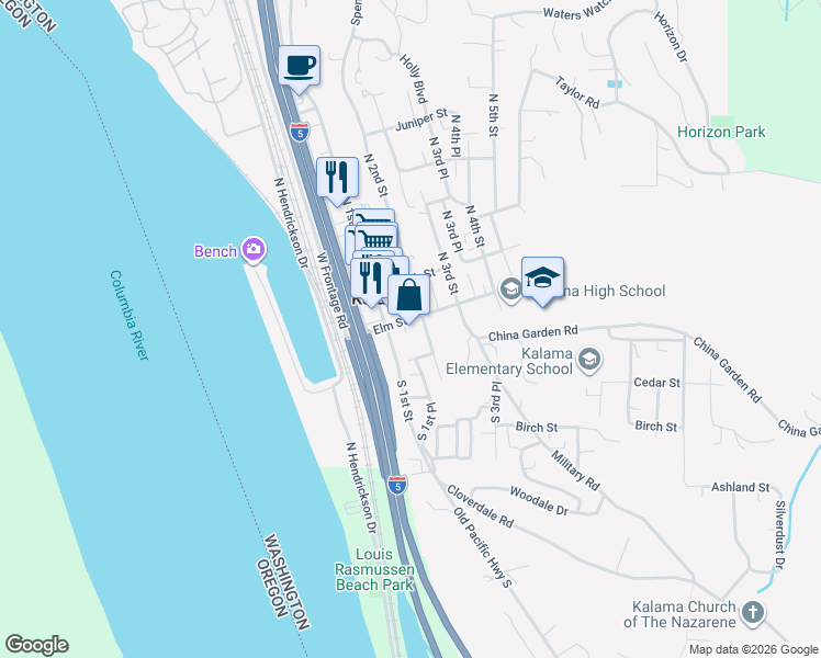 map of restaurants, bars, coffee shops, grocery stores, and more near in Kalama