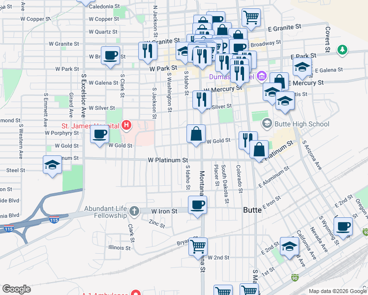 map of restaurants, bars, coffee shops, grocery stores, and more near 507 South Idaho Street in Butte