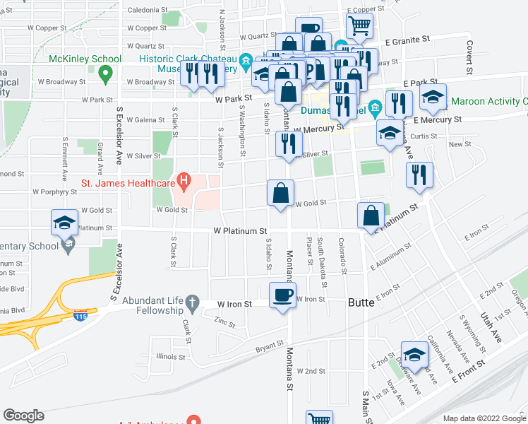 map of restaurants, bars, coffee shops, grocery stores, and more near 507 South Idaho Street in Butte-Silver Bow
