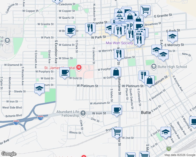 map of restaurants, bars, coffee shops, grocery stores, and more near 401-499 S Washington St in Butte