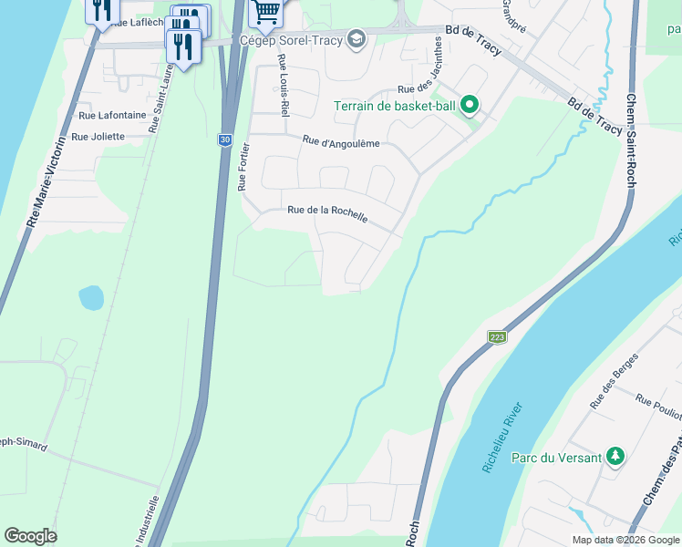 map of restaurants, bars, coffee shops, grocery stores, and more near 8787 Rue de Chaumont in Sorel-Tracy