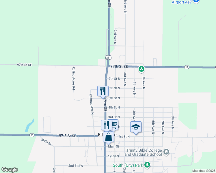 map of restaurants, bars, coffee shops, grocery stores, and more near 101 6th Street North in Ellendale