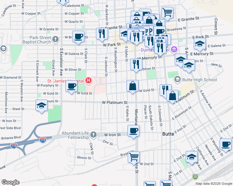 map of restaurants, bars, coffee shops, grocery stores, and more near 499 S Washington St in Butte