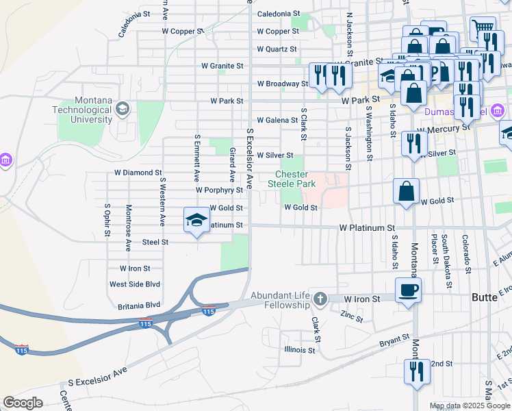 map of restaurants, bars, coffee shops, grocery stores, and more near 522 South Excelsior Avenue in Butte