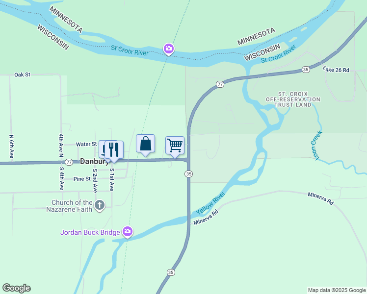 map of restaurants, bars, coffee shops, grocery stores, and more near 30215 Wisconsin 35 in Danbury