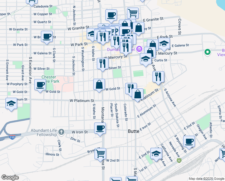 map of restaurants, bars, coffee shops, grocery stores, and more near 501 South Dakota Street in Butte