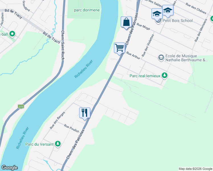 map of restaurants, bars, coffee shops, grocery stores, and more near 1226 Chemin des Patriotes in Sorel-Tracy