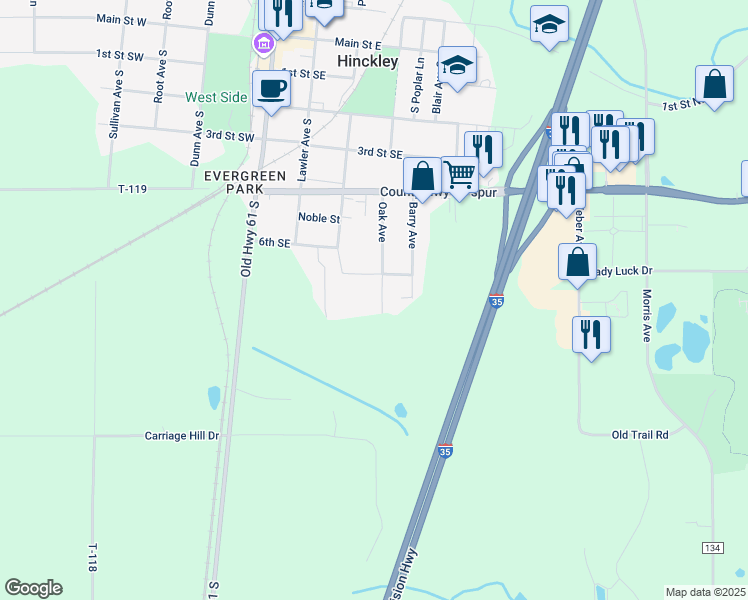 map of restaurants, bars, coffee shops, grocery stores, and more near 522 Oak Avenue in Hinckley