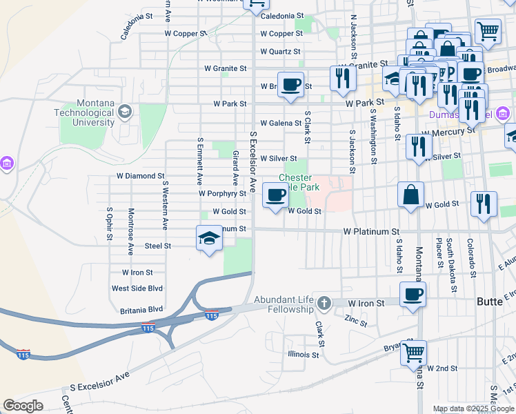 map of restaurants, bars, coffee shops, grocery stores, and more near 522 South Excelsior Avenue in Butte