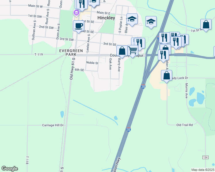 map of restaurants, bars, coffee shops, grocery stores, and more near 522 Oak Avenue in Hinckley