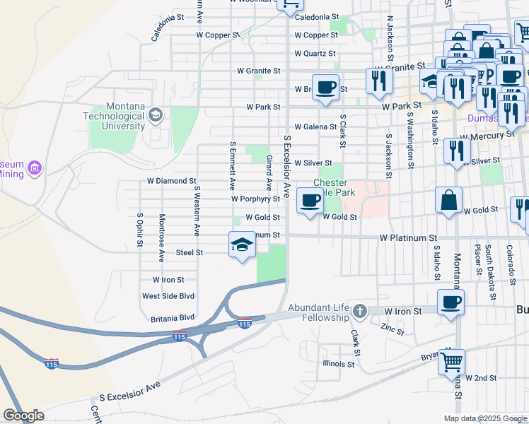 map of restaurants, bars, coffee shops, grocery stores, and more near 1001 West Gold Street in Butte