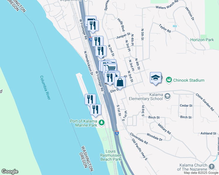 map of restaurants, bars, coffee shops, grocery stores, and more near 157 South 1st Place in Kalama