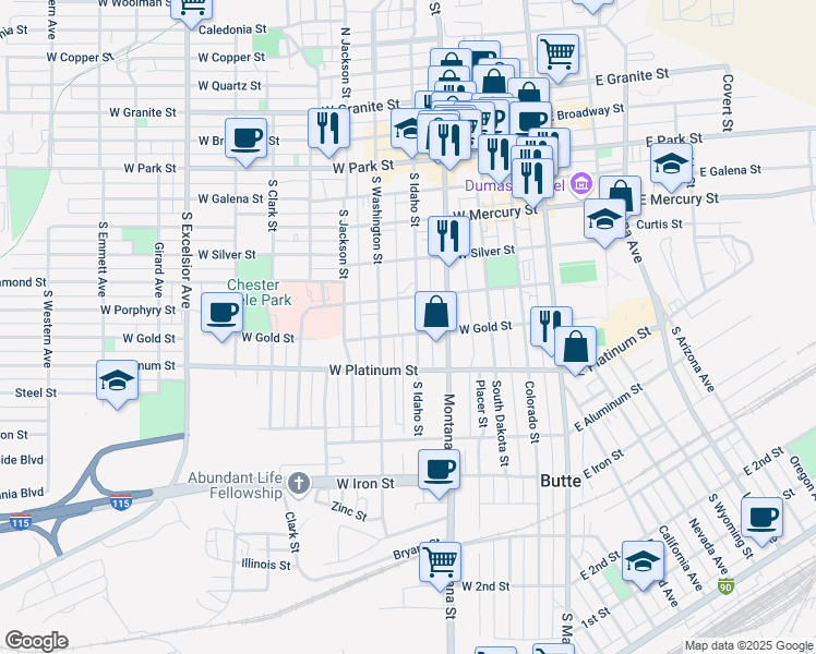 map of restaurants, bars, coffee shops, grocery stores, and more near 439 South Idaho Street in Butte