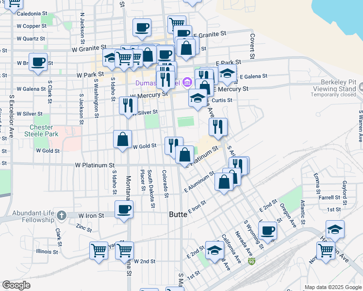 map of restaurants, bars, coffee shops, grocery stores, and more near 12 East Gold Street in Butte
