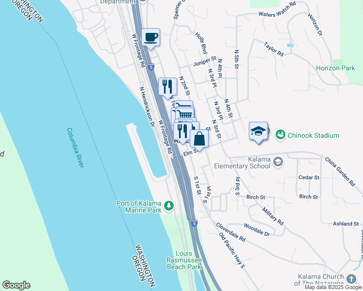 map of restaurants, bars, coffee shops, grocery stores, and more near 157 South 1st Place in Kalama